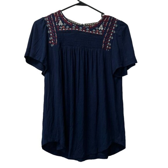 Knox Rose Peasant Blouse Embroidered Short Sleeve Dark Blue Size XS Hippie NWT - Picture 1 of 13